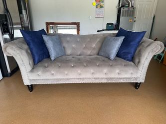 Grey Velvet Chesterfield Sofa and Loveseat Set