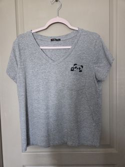 Women's Gray V neck T-shirt With panda On Pocket