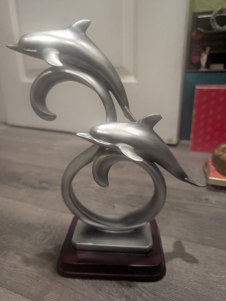 Herco Figurines Dolphins Sculpture Statue with Wooden Base Silver Tone 11”