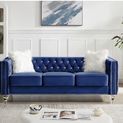 Brand New Blue Velvet sofa with Crystal feet and fur pillows 