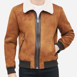 Chamarra De Hombre DKNY Men's Shearling Bomber Jacket with Faux Fur Collar, Brown, XXL