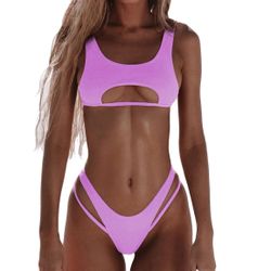 SherryDC Women's Sexy Scoop Neck Padded Cutout Strappy Thong Bikini Set Swimsuit Light Purple 