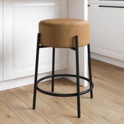 Nathan James Isaac 24" Modern Bar Stool with Round Soft Padded Upholstered Seat and Metal Mid-Century Base