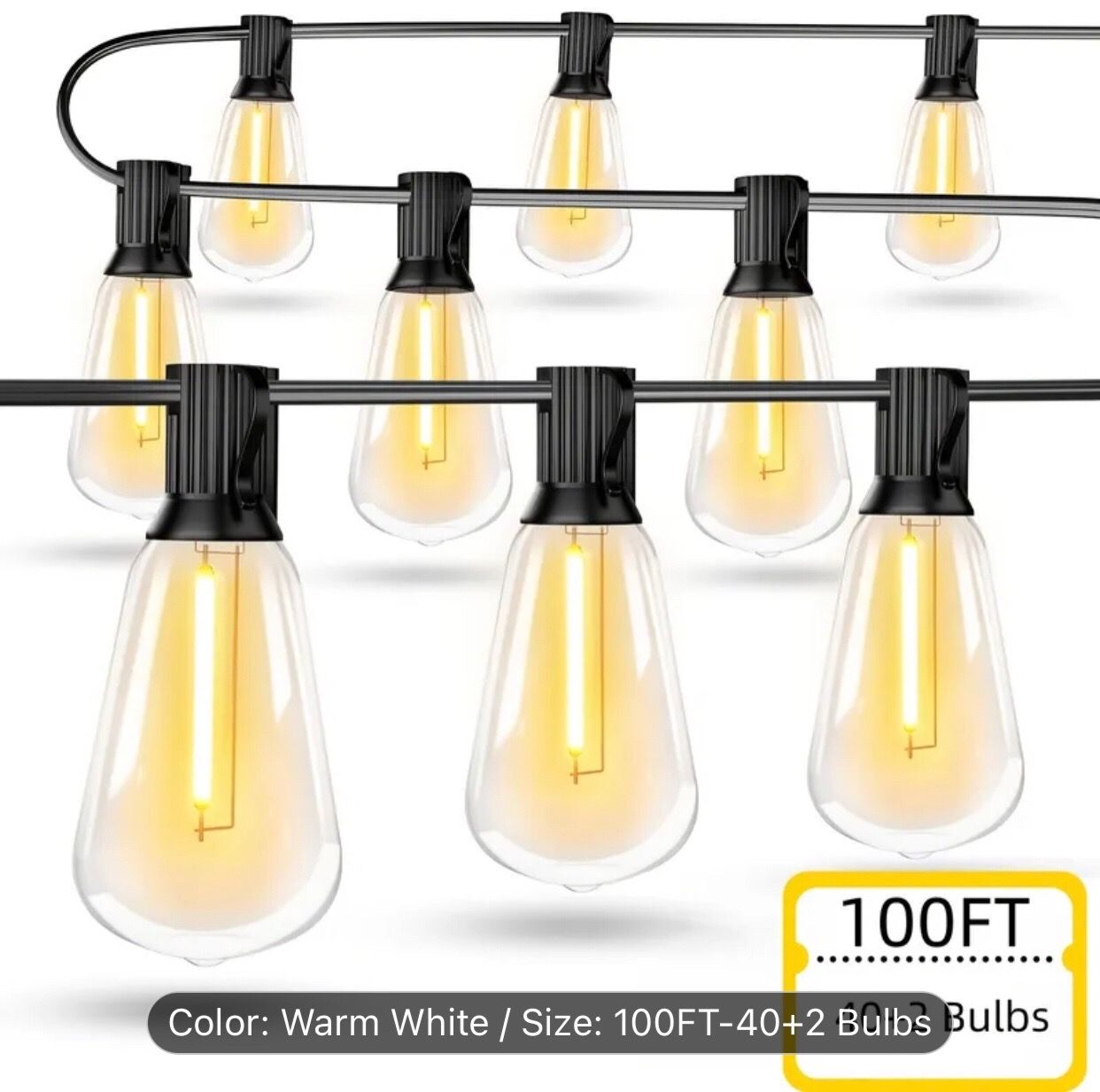 Outdoor String Lights, 2700K Patio Lights with 40+2ST38 Shatterproof LED Edison Bulbs, Connectable Hanging Lights, Indoor Outdoor Lights for Backyard