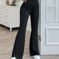 Solid Color High Waist Flared Long Pants with Split Leg Detail