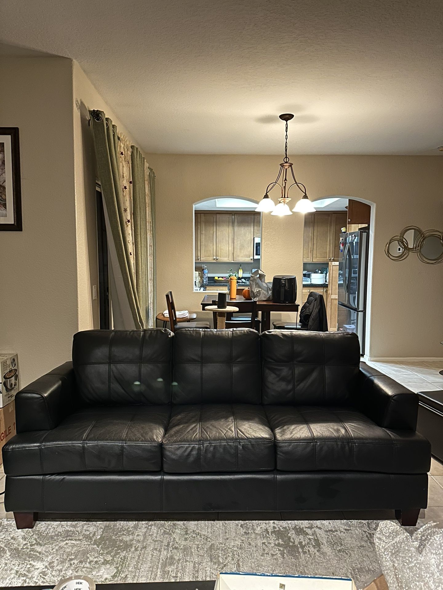 Long 3-Seat Black Leather Couch