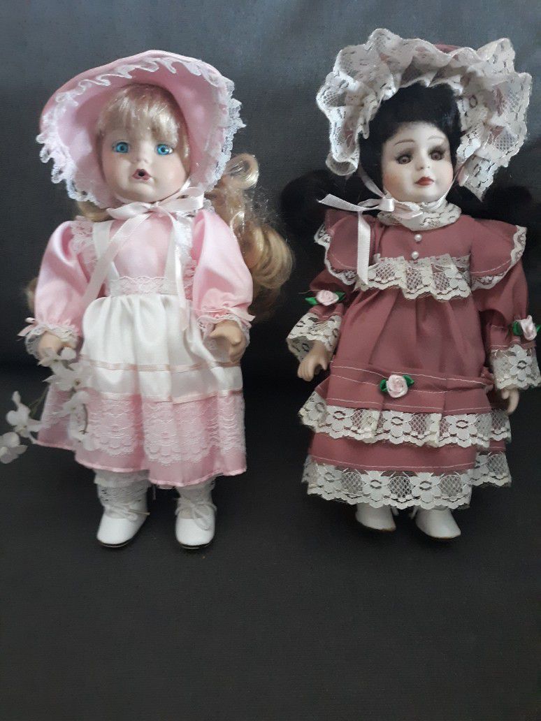 Vintage Dolls w/ Porcelain Faces, Hands & Legs! Stand 10.5in Each. BOTH $24.