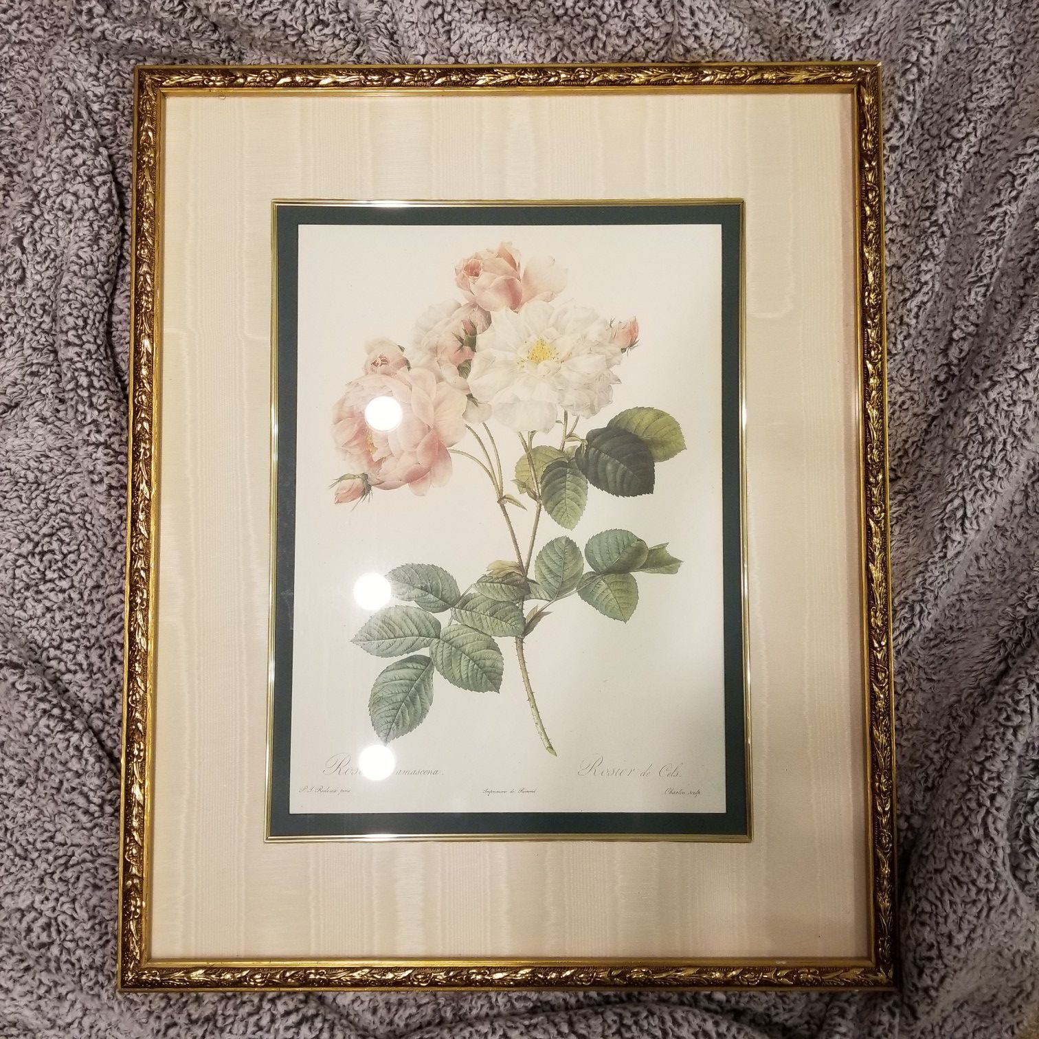 "The Rose" and "Rosa Damascena" by Pierre-Joseph Redoute Reproductions in Gold Wood Frames