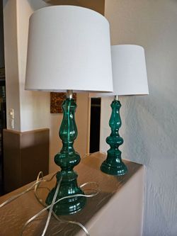 Like New - Set of 2 teal glass lamps with white lampshades