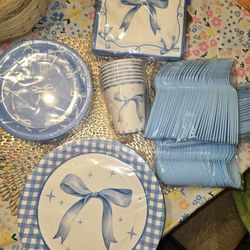 350 Pcs BLUE Bow Plates and Napkins, 50 Guest Coquette Party Supplies Include Gingham Paper Plates Bow Napkins Cups Plastic Spoons Forks Knives Birthd