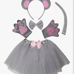 Mouse Costume Set Mouse Ears Headband Nose Bow Tie Tail Paws Tutu Skirt. Size 5.
