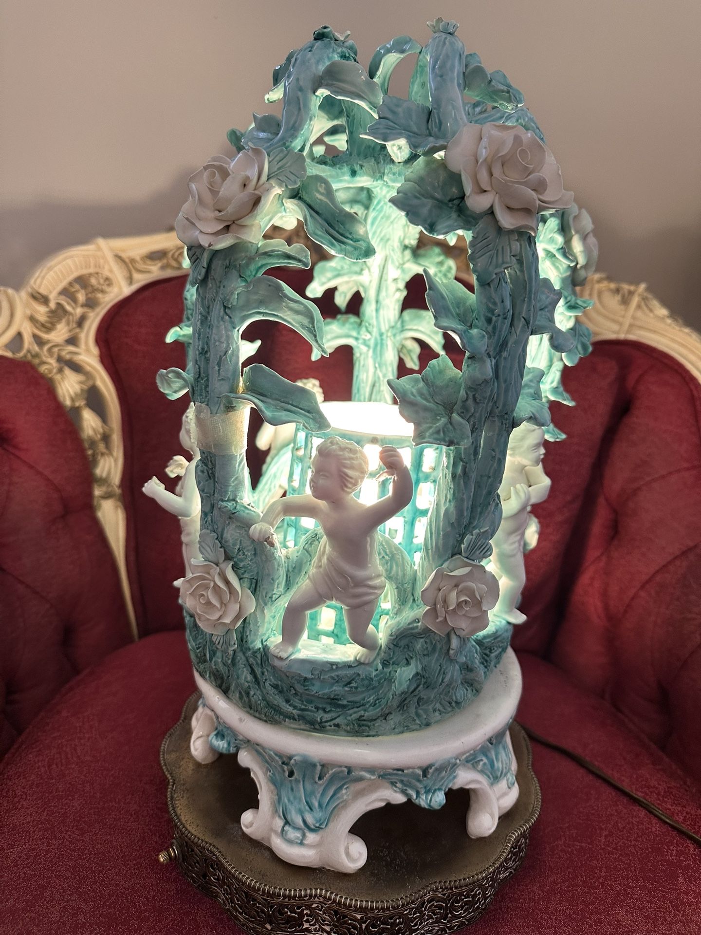 Italian Vintage Capodimonte Porcelain Cherub Angel Putti Lamp Italy Rococo Baroque