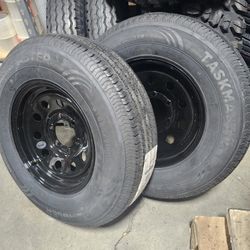 New 2x Set 225x75-15 Trailer Tire Wheel 15" Black Rim 6 Lug 6x5.5 Bolt Pattern Llanta Y Rin Nueva Para Traila
