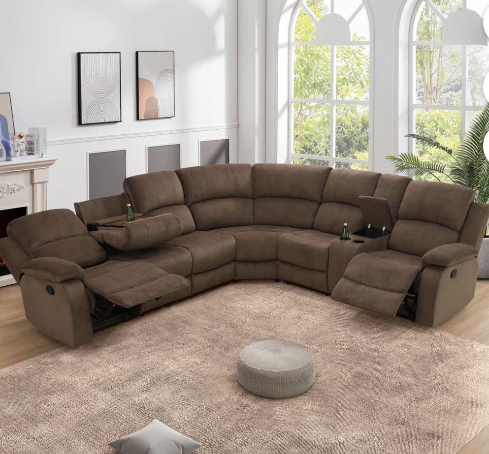 Brown Microfiber Fully Reclining Sectional Couch 
