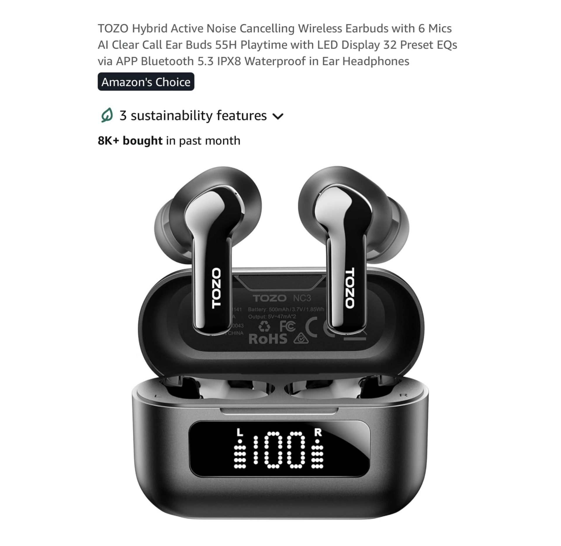 Brand new Hybrid Active Noise Cancelling Wireless Earbuds with 6 Mics AI Clear Call Ear Buds 55H Playtime with LED Display 32 Preset EQs via APP Bluet