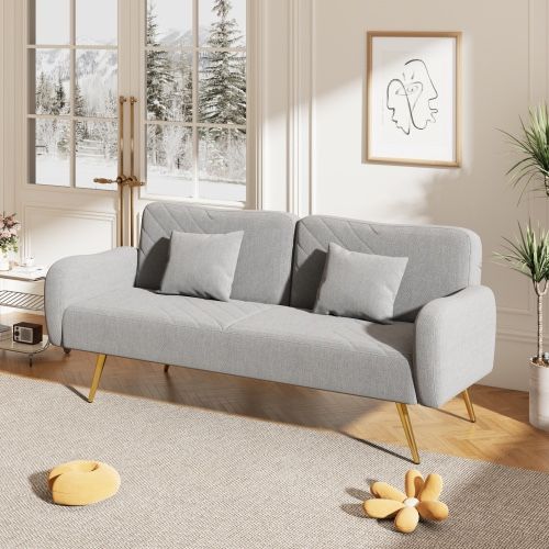 Sofa W 1658124692/70.47" Gray Fabric Double Sofa with Split Backrest and Two Throw Pillows,Suitable for living room, apartment, home office