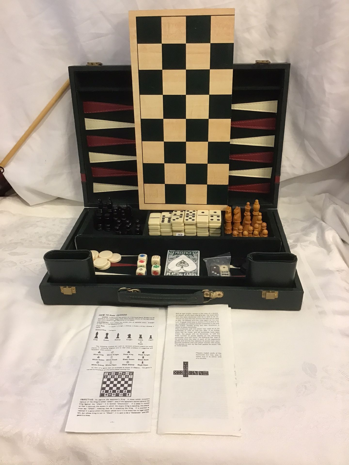 Vintage Travel Game, Faux Leather,Checkers Backgammon Wood Chess, Dominos Poker 