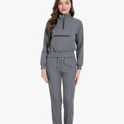 niaahinn Scrub Set with Long Sleeve for Women Scrub Top & Jogger Scrub Pants Medical Working Uniforms with Pockets