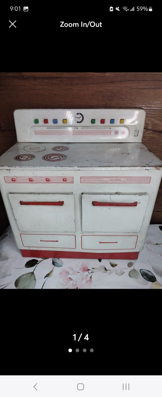 Vintage 1950’s WOLVERINE Tin Lithograph Toy Stove Oven Range Kitchen Red White