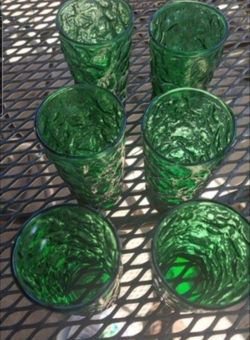 Vintage Anchor Hocking Crinkle forrest Green Glass, Lido Milano Glassware Collection Set of 6