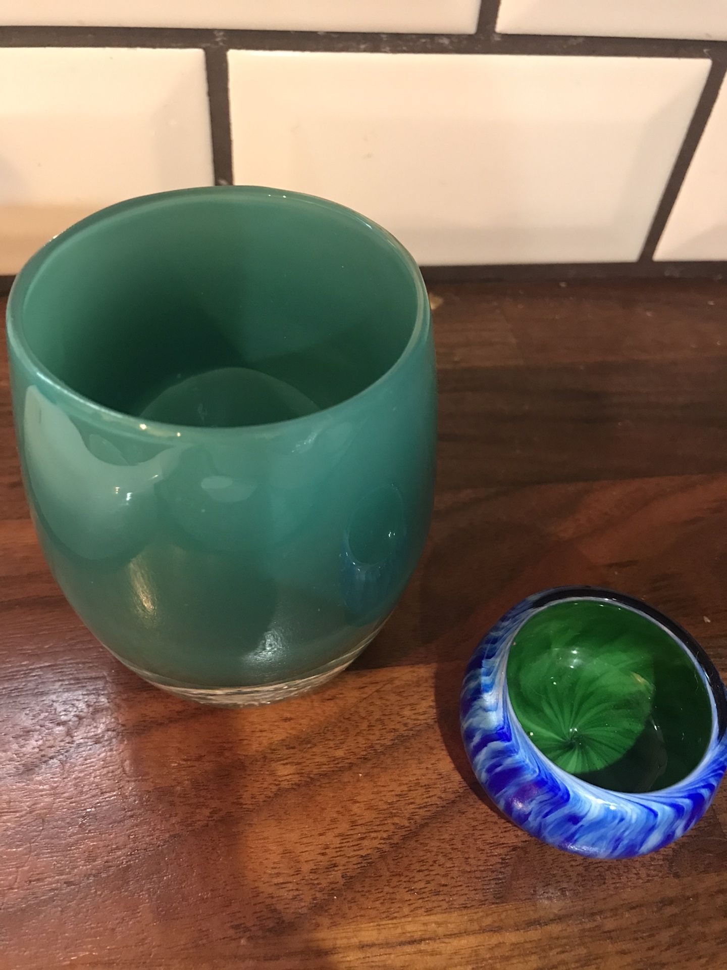 Glassybaby Aqua Verde turquoise green blue yellow hand blown glass votive candle holder🕯