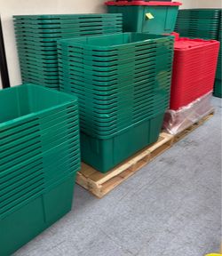 40 GALLON HEAVY DUTY TOUGH BOX STORAGE BIN TOTE– GREEN/RED – $13 EACH