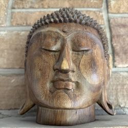 Wood Carved Buddha Head Statue