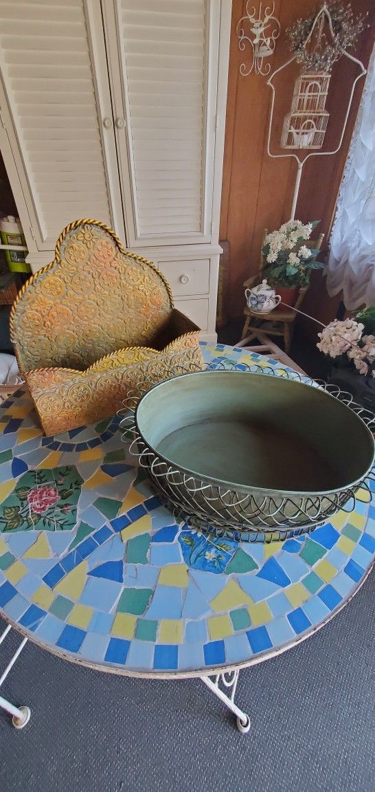 Two metal catch all containers, one great for mail, the other 2-in-1 wire bowl for fruits & vegetables, etc. Shabby Farmhouse Set!