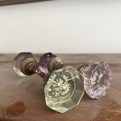 Pair Of  Vintage Antique GlassDoor Knobs Purple Green Clear Brass