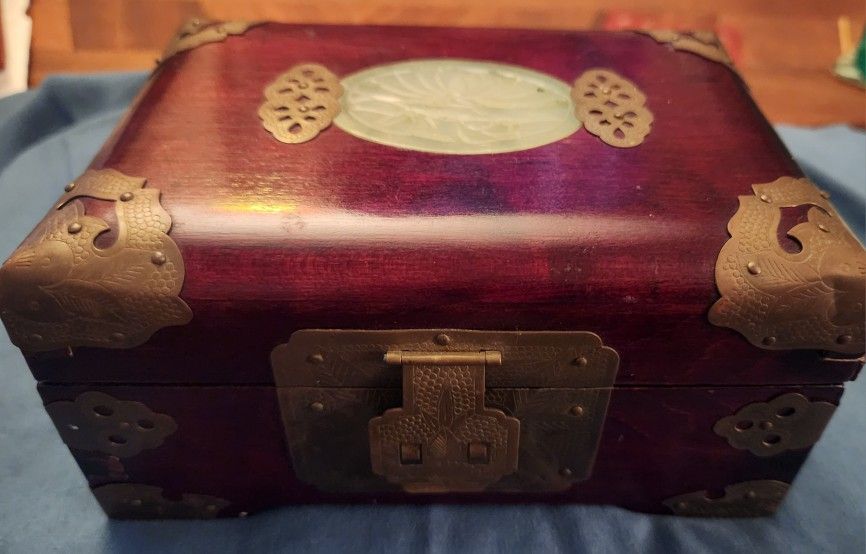 Vintage 7x3.5" Shanghai Chinese Cherry And Jade  Jewelry Box