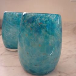 Votive Candle Holders 2018 Puget Sound Votive-Teal/Gold Specks Hand Blown Candle Holders (2) SIGNED 3 1/2 x 5