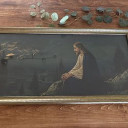Antique Framed Jesus In The Garden Of Gethsemane  17.75” X 33.5”