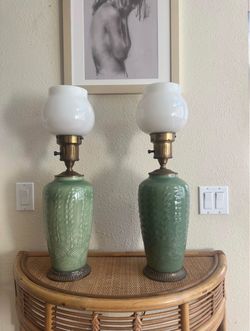 Pair of vintage celadon ceramic lamps