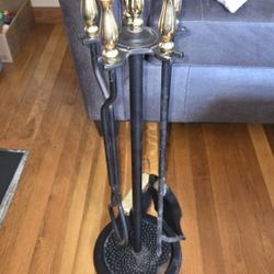 Vintage Brass And Iron Fireplace Tool Set