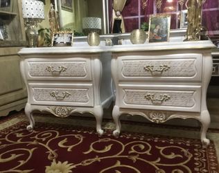Beautiful French Boho Style Wooden Nightstands Colors White And Gold Metallic Set Has Been Refurbished
