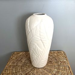 Tall White Palm Leaf Pottery Vase Monstera Plant Relief Vase for Faux Flowers 15.5”