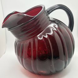 Anchor Hocking- Royal Ruby Red, Tilted, Swirl, Ball Glass Pitcher