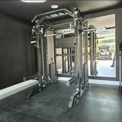 NEW Squat Rack Smith Machine Functional Trainer Cable Cross Over  Adjustable Bench Press 45lb Barbell Bumper Plates Home Gym 