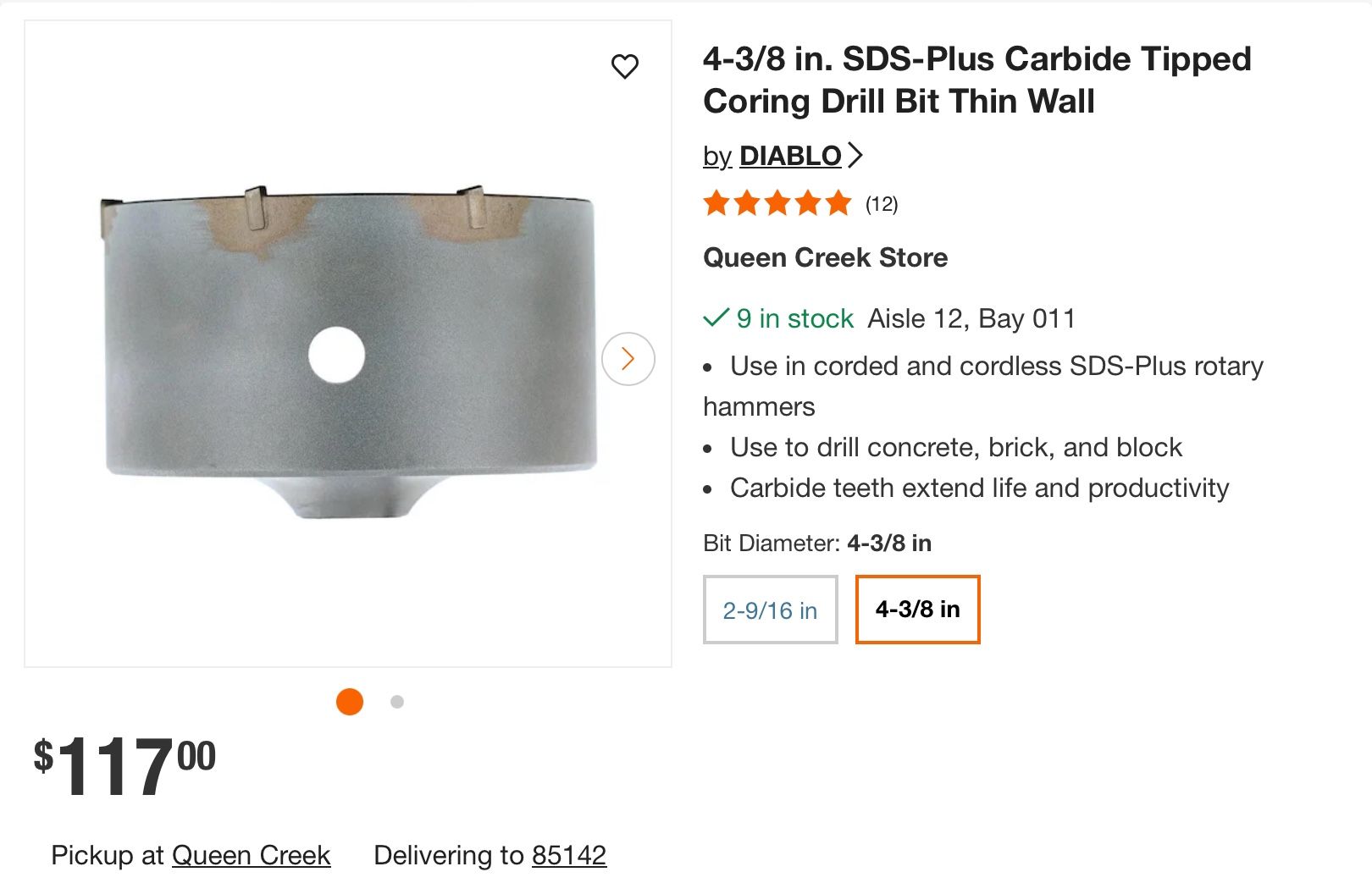New Carbide Coring Drill Bit SDS 4 3/8” For Concrete Stone Block And More