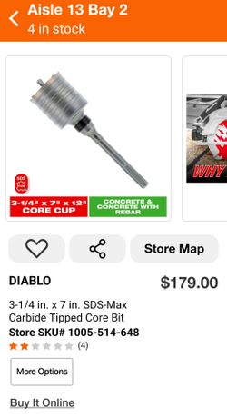 BRAND NEW DIABLO 3 1/4" x 7" x 12" Core Cup Concrete & Concrete w/ Rebar SDS-Max Carbide Tipped Core Bit