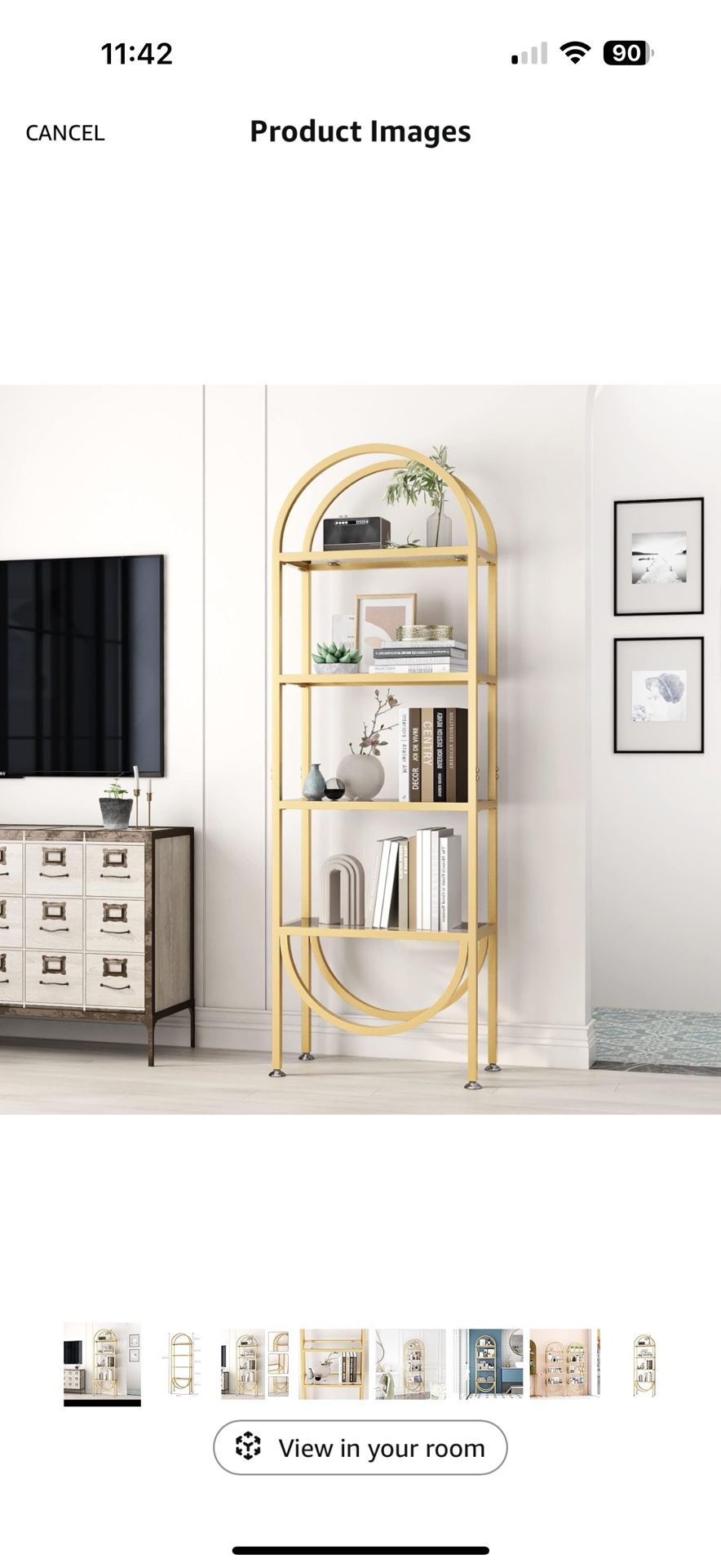 Freestanding Gold Bookshelves with Glass Shelves Storage