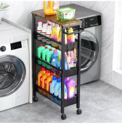 Rolling Slim Storage Cart with Wood Top
