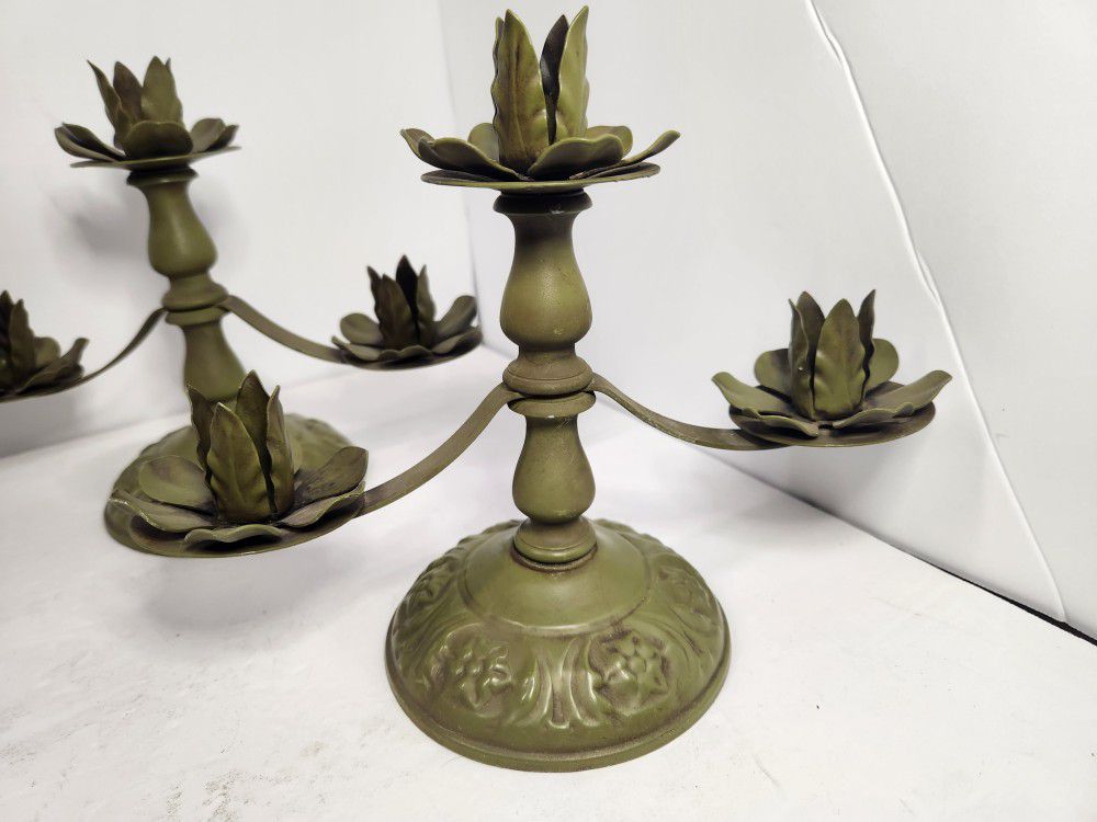 Vintage Pair Of Wolin Metal Flower Candle Holders Candelabra Shabby Boho Retro
