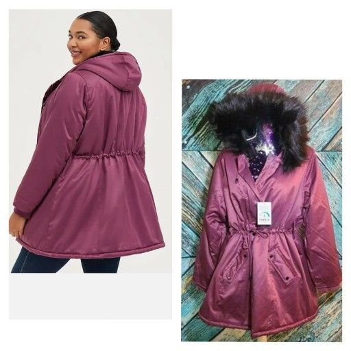 Torrid 3X 22/24 Plus Size NWT Purple Nylon PARKA Fur Trim Hood