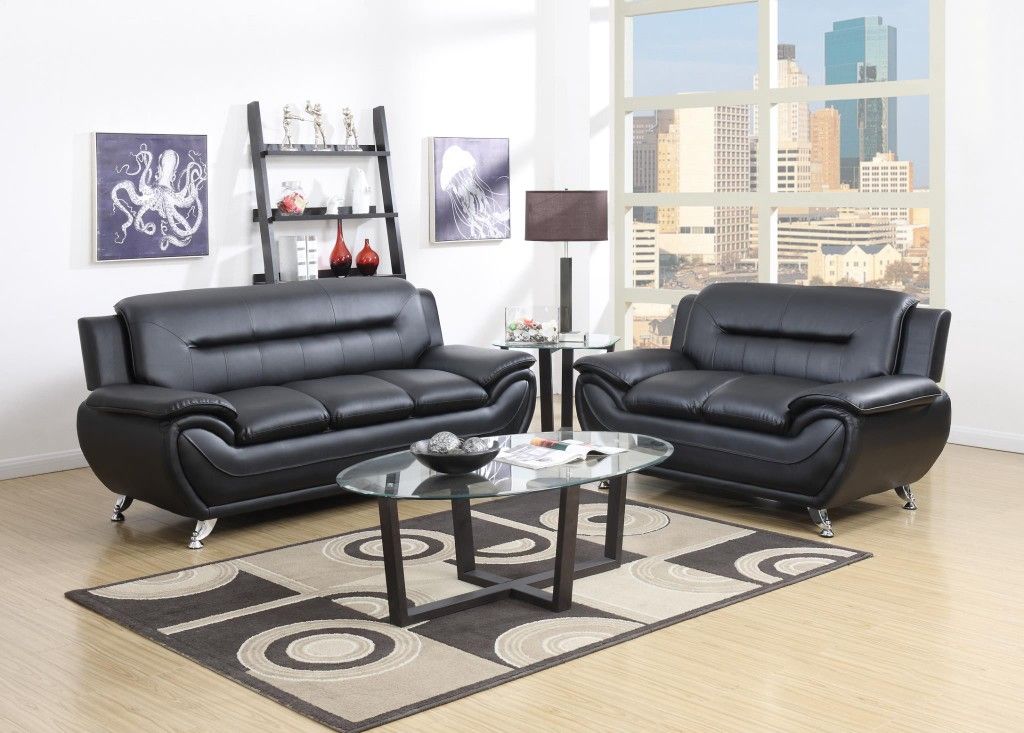 2 PC Black Leather Contemporary Living Room Set *BRAND NEW*