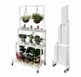 White Metal Rolling Plant Stand with Hanging Bar