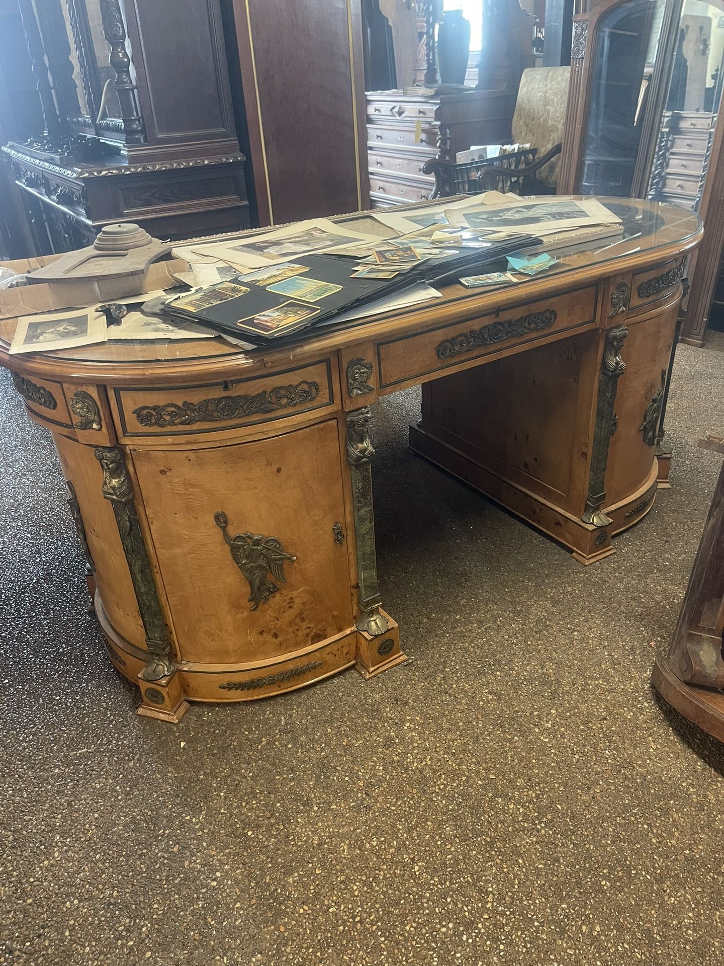 French Desk Louis XV Birdseye Maple Marble Bronze