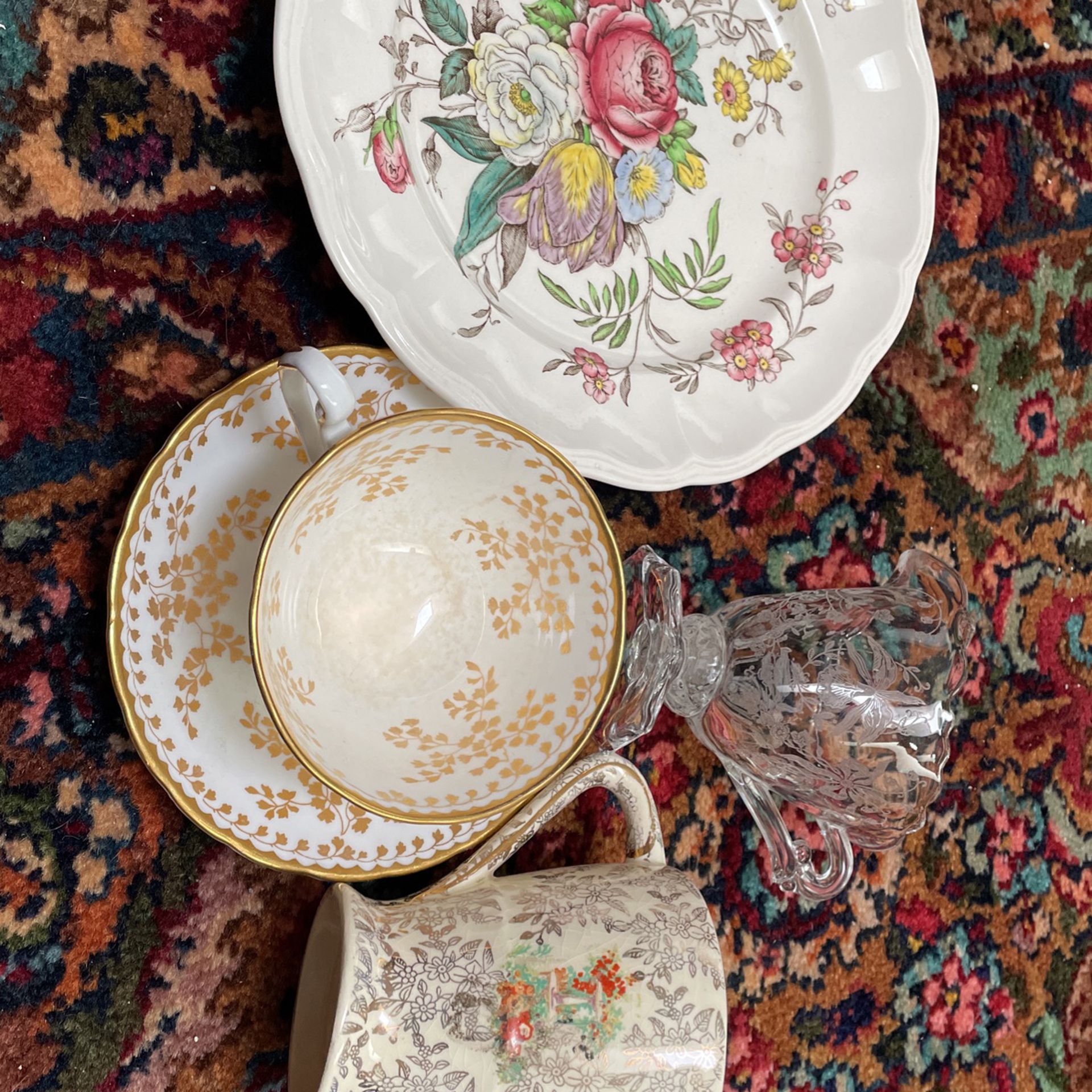 Collection of fine China: Spode plate,  EmpirE Pitcher and Royal Chelsea Cup and Saucer