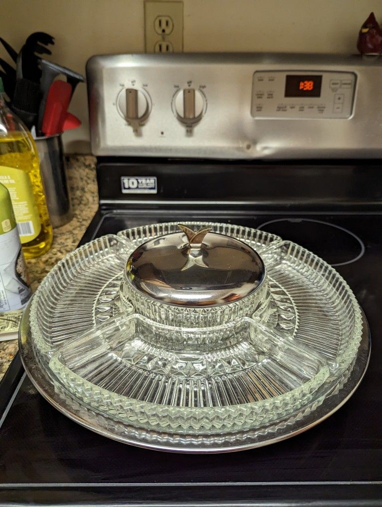 Mid Modern Century Glass Vintage Kromex 7 Piece Crystal Serving Lazy Susan -  14" Mid Modern Century