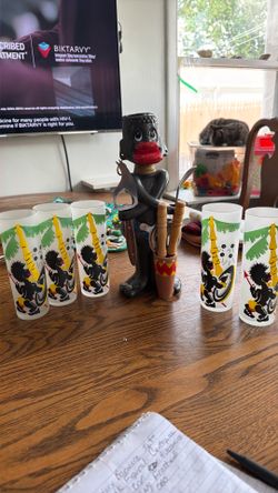 Vtg Mid Century Barware Set Featuring Black Figural Centerpiece Cocktail Picks & Bar Accessories W/ 5 Matching Frosted Glasses OBO